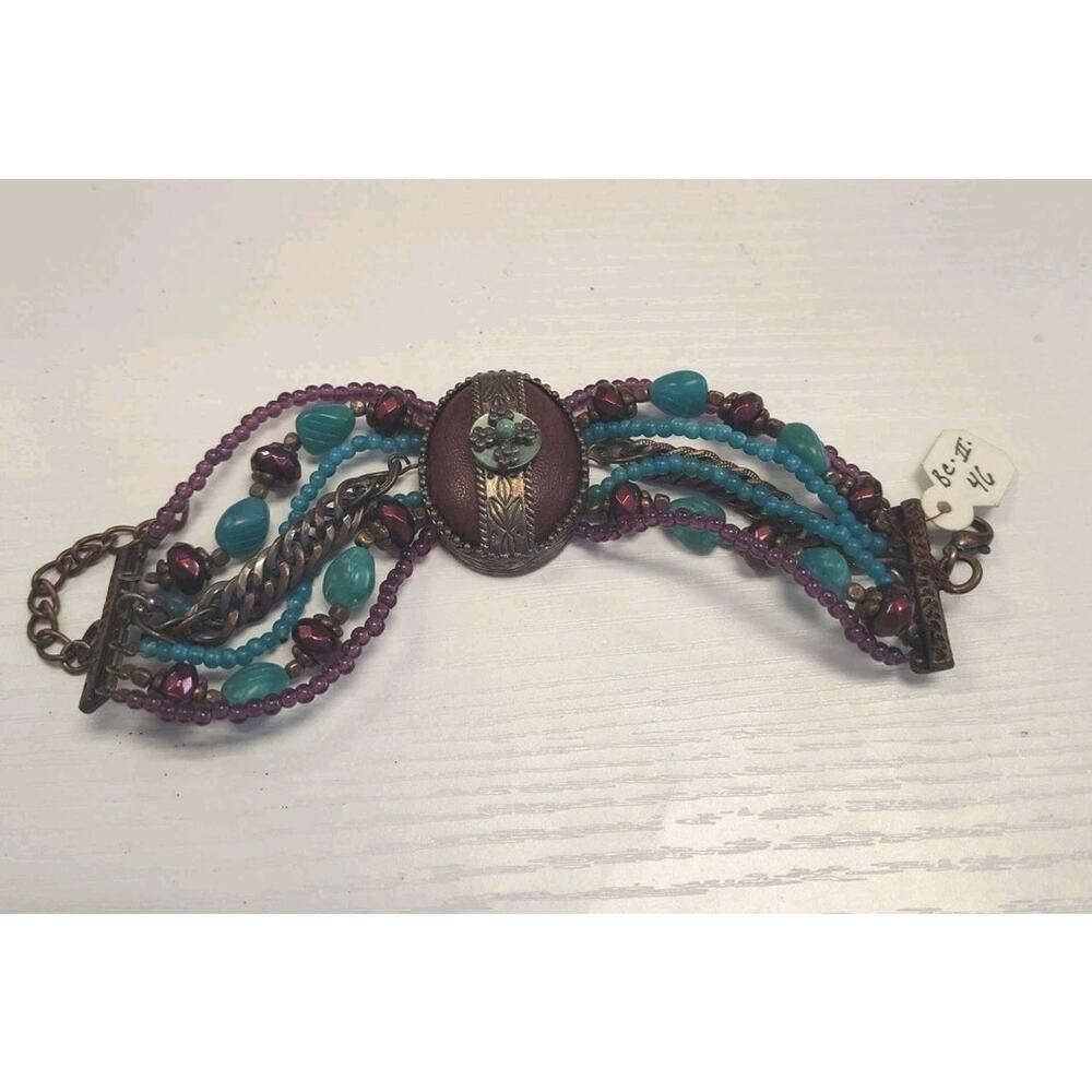 Handmade Multi-strand Beaded Bracelet Leather Center Bronze Accents Adjustable
